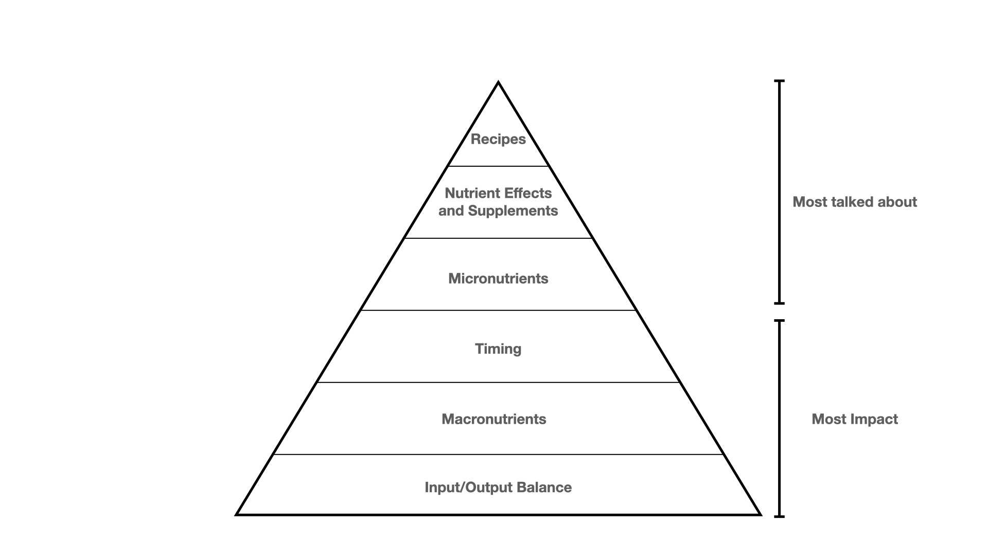 A graphical representation of the main areas of nutrition: Recipes, Nutrient Effects and Supplements, Micronutrients, Timing, Macronutrients and Input/Output Balance